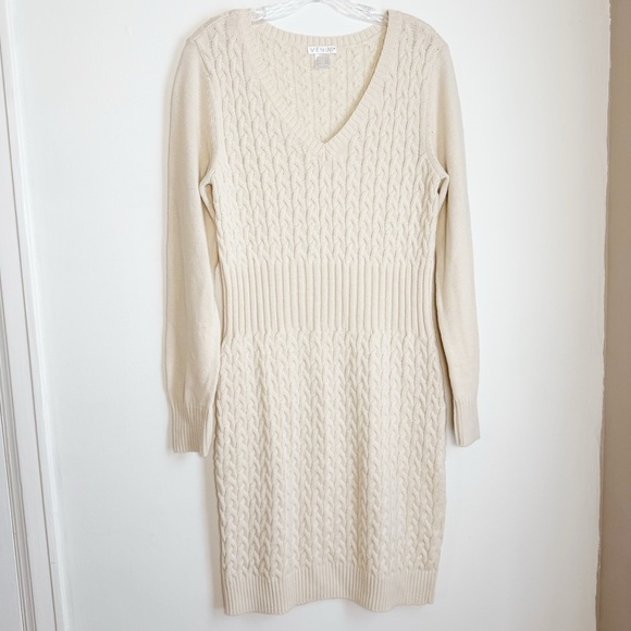 VENUS Dresses & Skirts - VENUS Cream Long Sleeve Cable Knit Dress with Ribbed Knit Cuffs/WaistBand/Hem